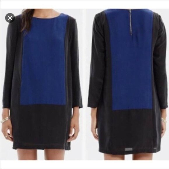 Madewell Color Block Silk Mini Dress Long Sleeves Blck & Blue Lined Sz S Zip - Picture 1 of 11
